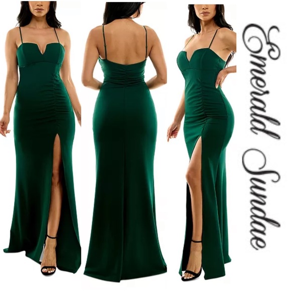 Emerald Sundae - Juniors' Notch-Neck Slit-Front Gown - Large - Picture 1 of 16